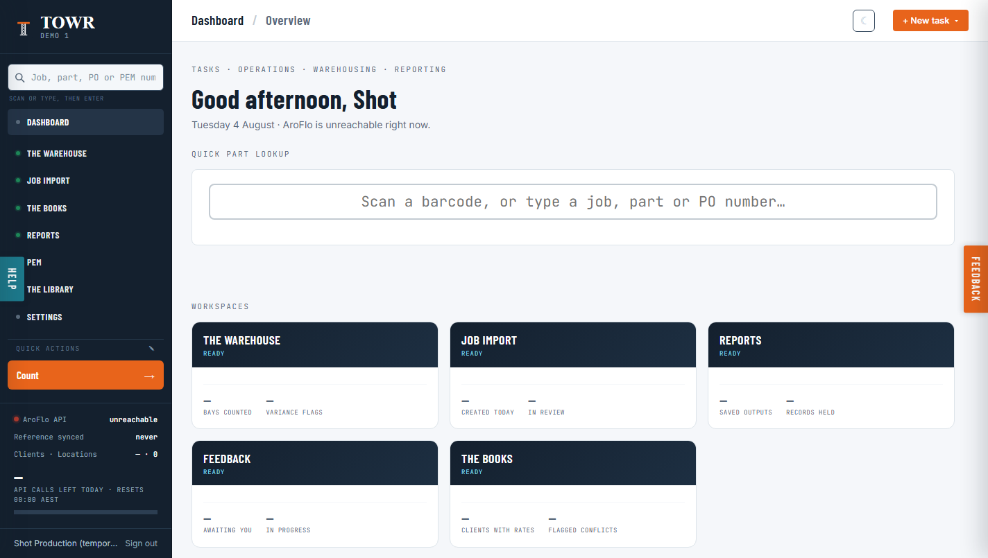 The TOWR hub dashboard: sidebar listing The Warehouse, Job Import, The Books, Reports and PEM, with workspace tiles for each below