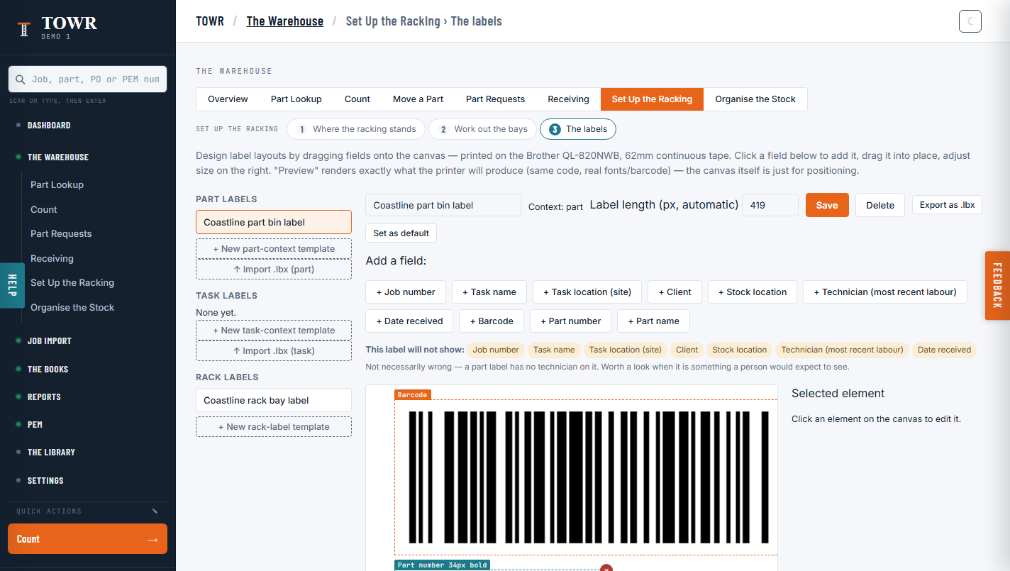 The label designer: fields dragged onto a part-bin label canvas, with a barcode preview rendering exactly what the printer will produce