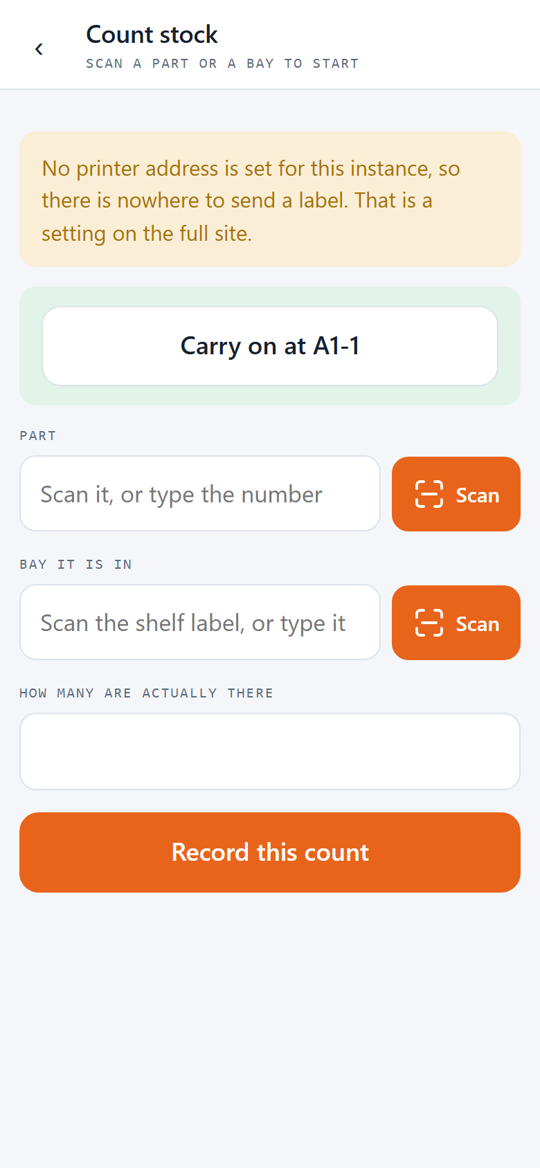 The same count screen on a phone: scan a part, scan the bay it's in, type how many are actually there